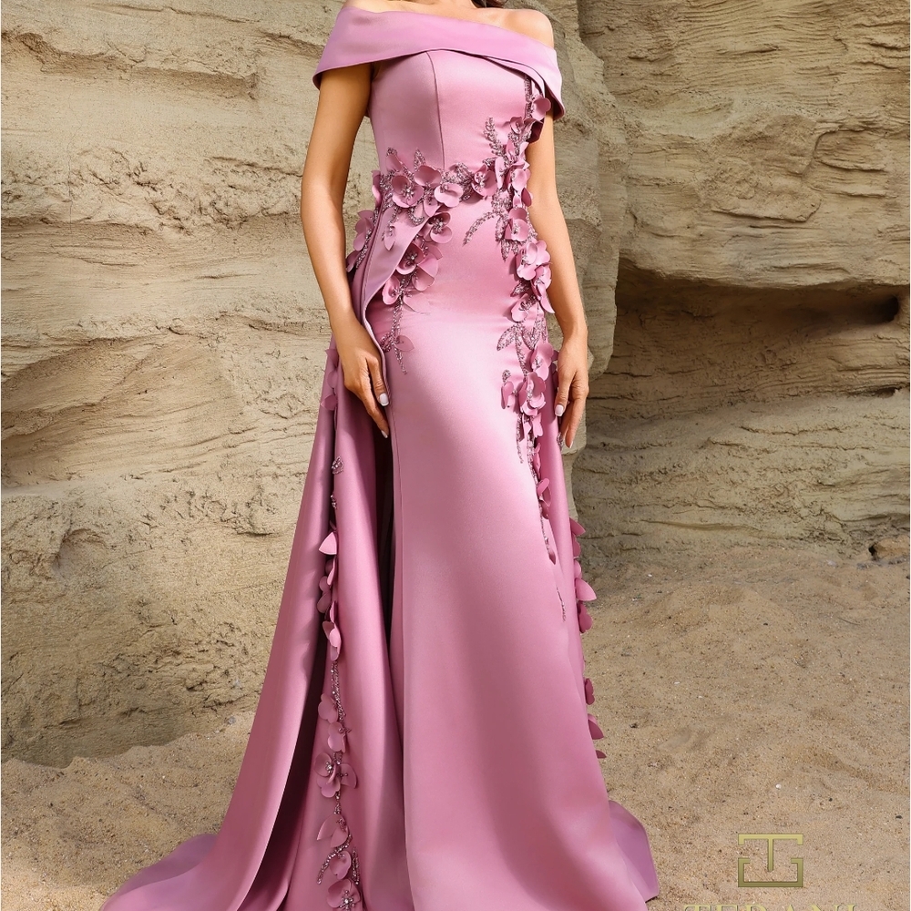 Terani Couture Mauve One-Shoulder Dress with Floral Details
